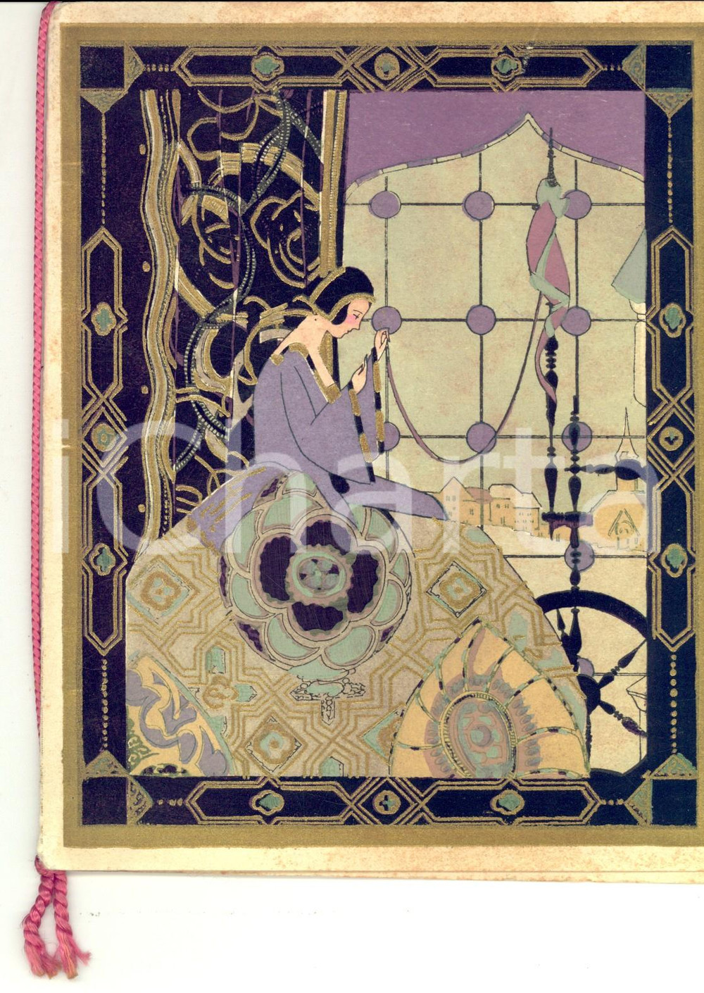 Oggetto da collezione cartaceo 1950 ca FRANCIA Donna all arcolaio Biglietto auguri VINTAGE 14 x 17 1