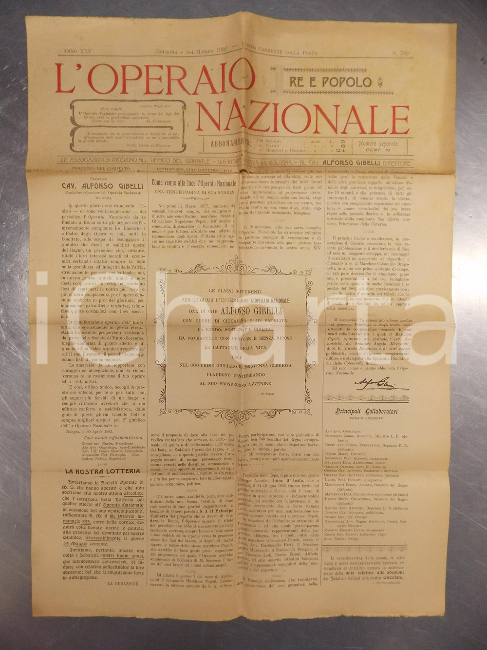 Giornale, rivista storica 1902 BOLOGNA L OPERAIO NAZIONALE Comitato ringrazia Alfonso GIBELLI Giornale 1