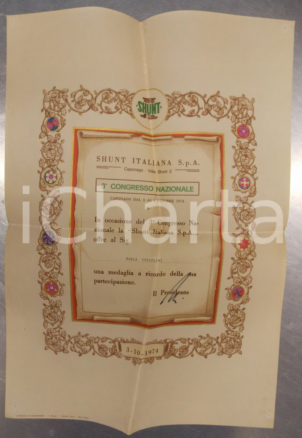 Oggetto da collezione cartaceo 1974 CAPONAGO MB Attestato di partecipazione SHUNT 3Â° Congresso Nazionale 1