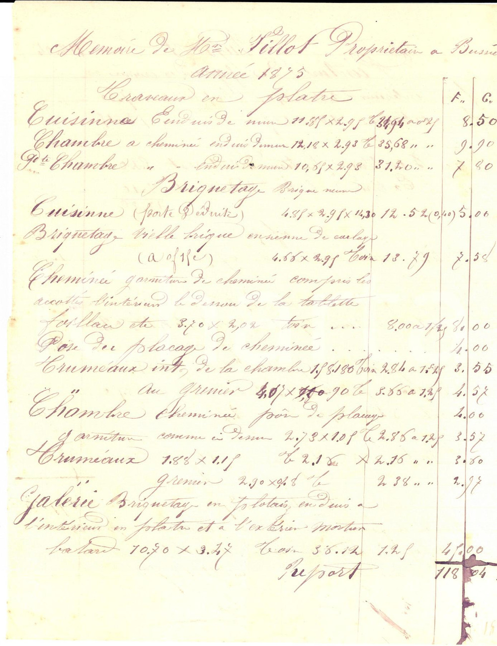Documento originale, autentico 1875 BUSSIERES FRANCE Lavori di ristrutturazione per proprietario FILLION 1