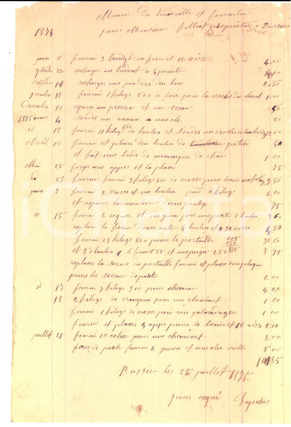 Documento originale, autentico 1874 BUSSIERES FRANCE Lavori di un fabbro eseguiti per proprietario FILLION 1