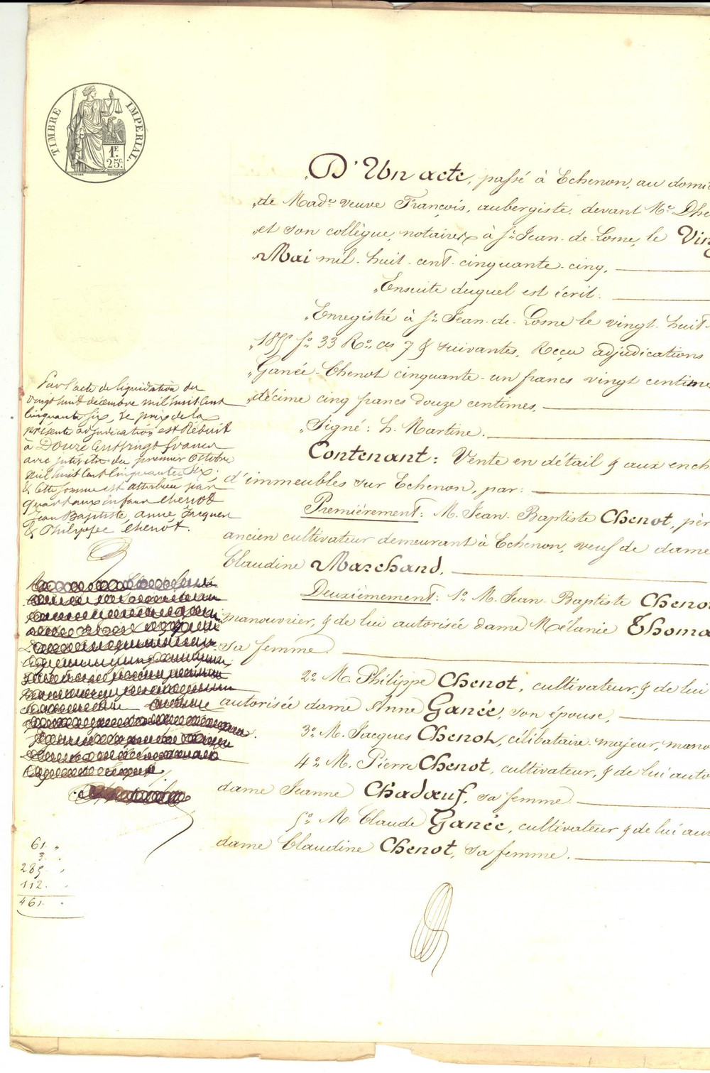 Documento originale, autentico 1855  ECHENON F Claude GANEECHENOT si aggiudica terre all asta Manoscritto 1
