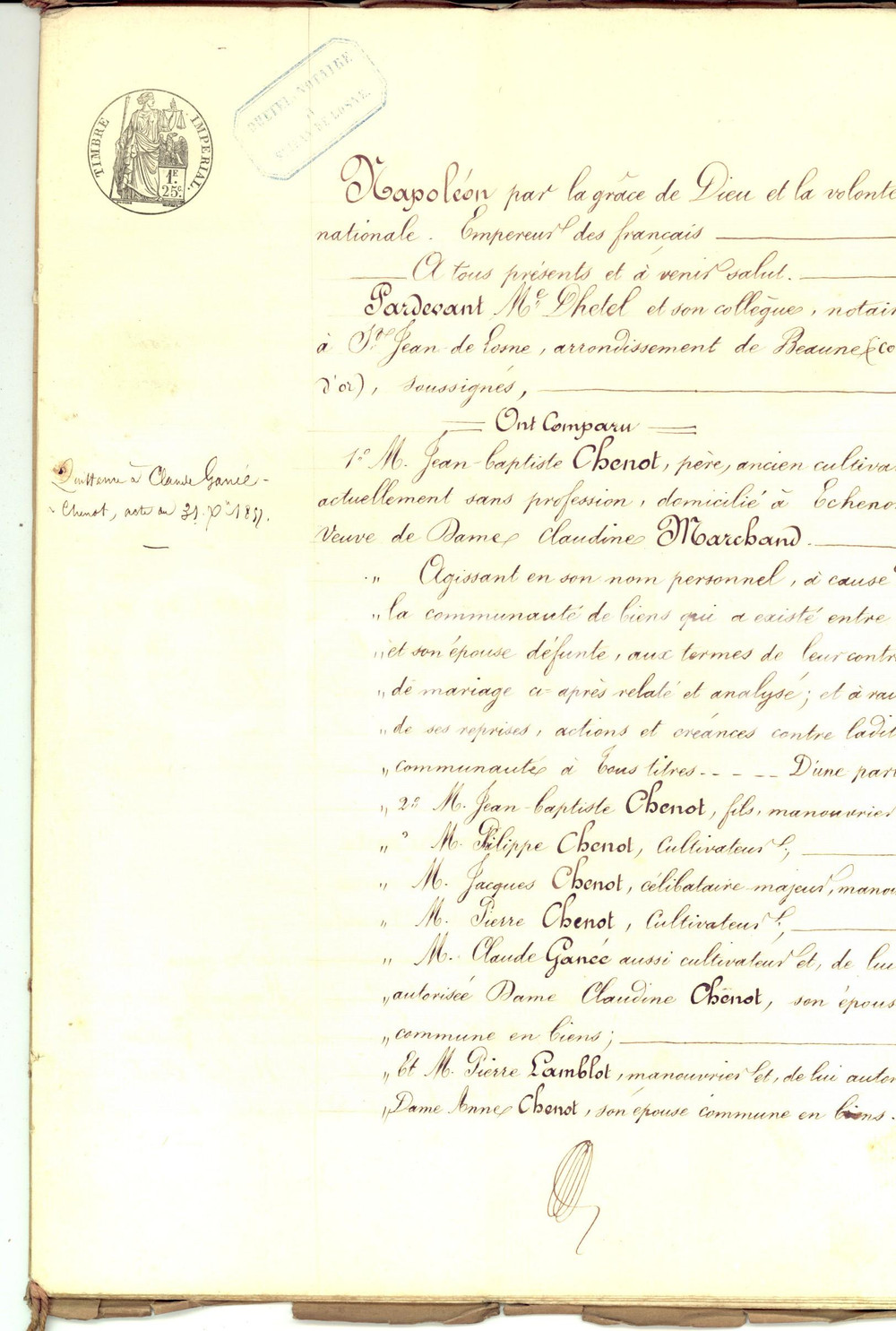 Documento originale, autentico 1856  ECHENON F Liquidazione beni in comunione tra sposi CHENOT  MARCHAND 1