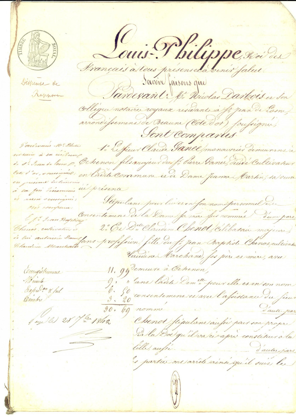 Documento originale, autentico 1838  ECHENON FE Contratto di matrimonio e dote Claudine CHENOT Manoscritto 1