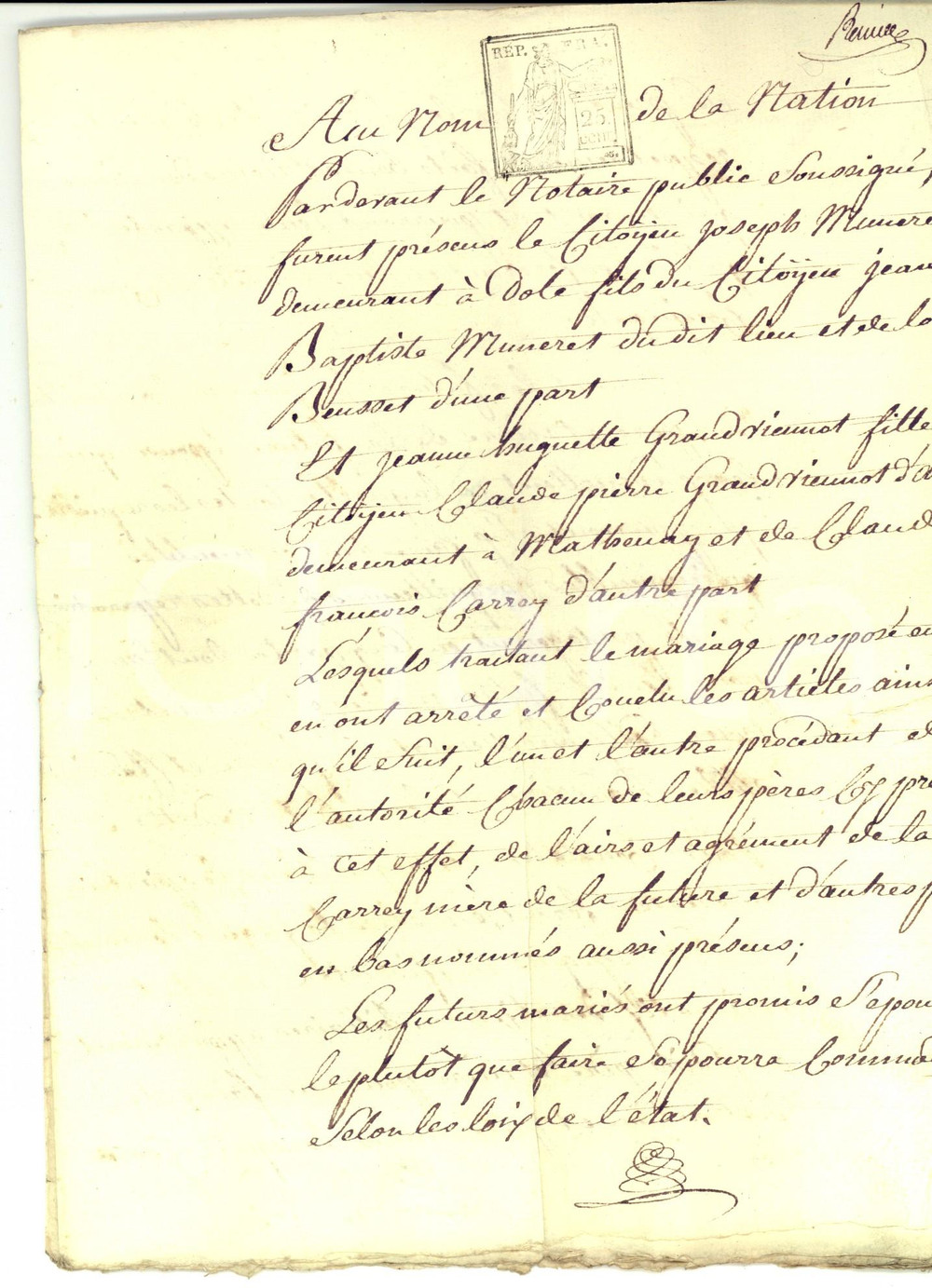 Documento originale, autentico 1794 DOLE F Contratto matrimonio Joseph MUNERET  Jeanne Huguette GRANDVIENNOT 1