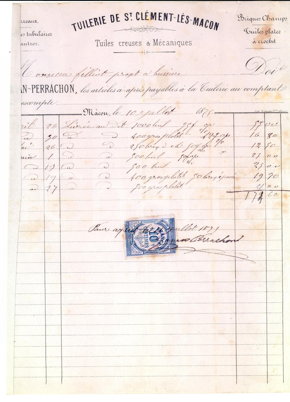 Documento originale, autentico 1875 MACON FRANCE Tuilerie de ST. CLEMENTLESMACON Compte tuiles 1