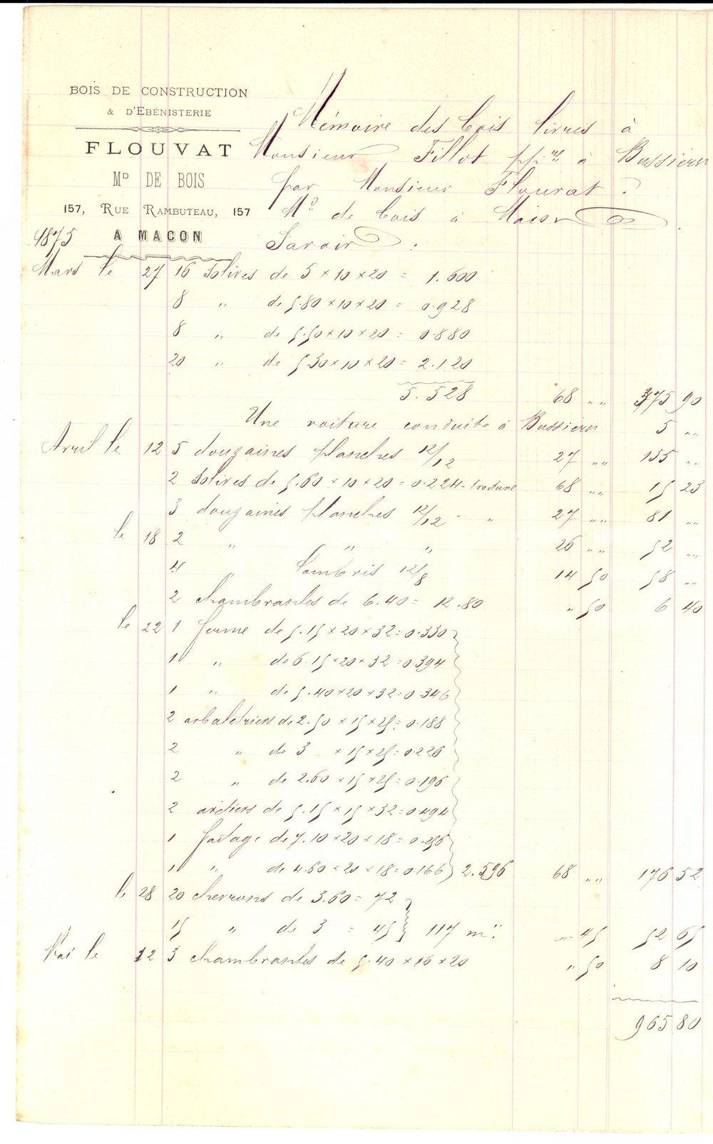 Documento originale, autentico 1875 BUSSIERES F MaÃ®tre de bois FLOUVAT Ã©bÃ©niste MÃ©moire des travaux 1