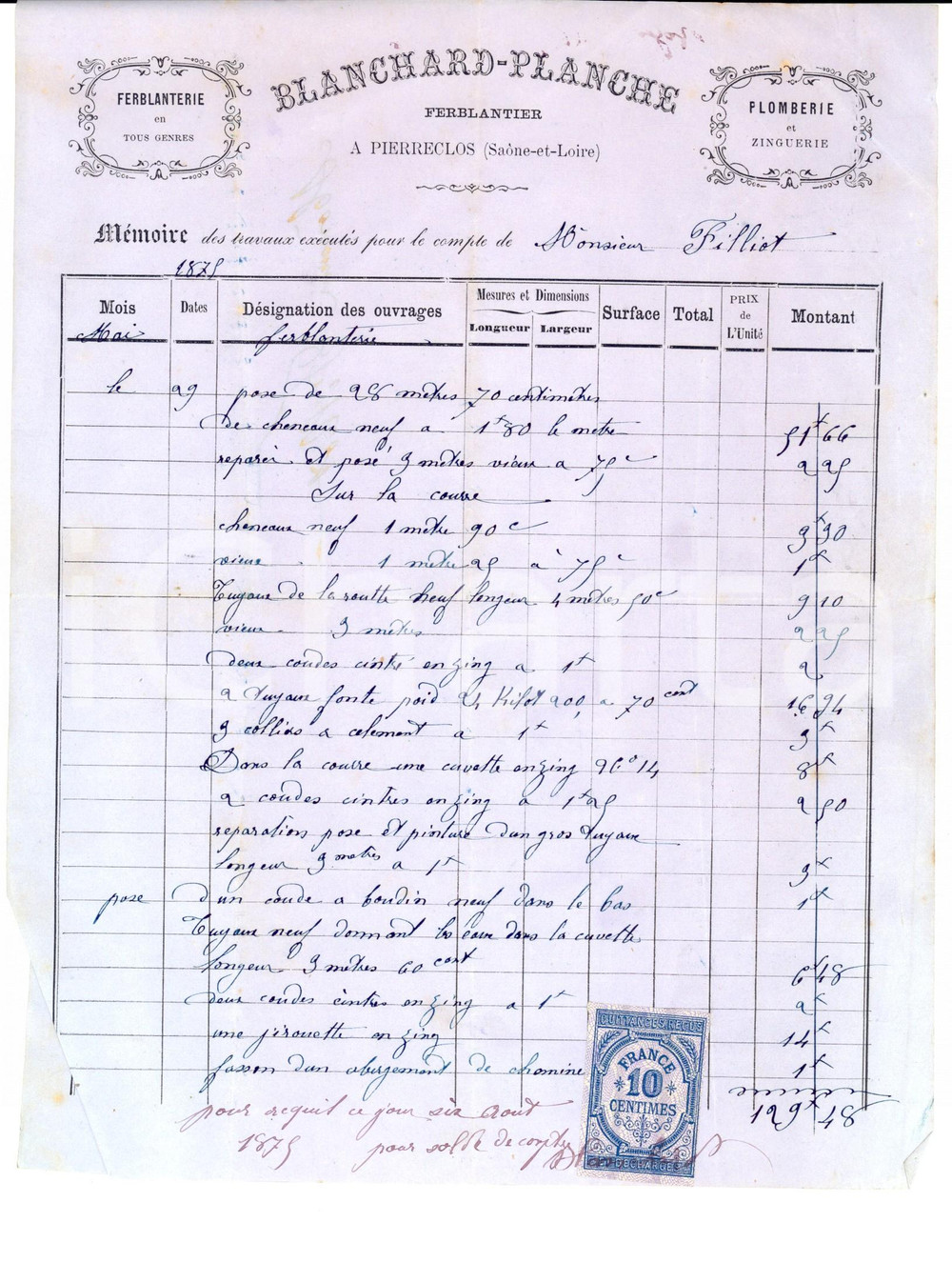 Documento originale, autentico 1875 PIERRECLOS FRANCE Ferblanterie BLANCHARDPLANCHE MÃ©moire des travaux 1
