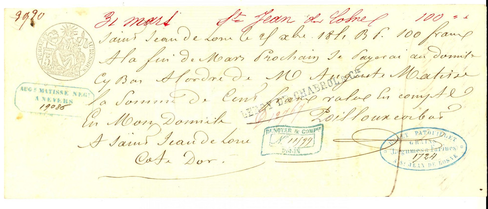Oggetto da collezione cartaceo 1851 SAINTJEANDELOSNE F Cambiale ditta Auguste MATISSE BONET PATOUILLET 1