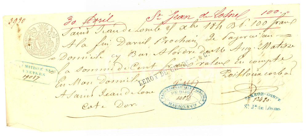 Oggetto da collezione cartaceo 1851 SAINTJEANDELOSNE Cambiale ditta Auguste MATISSE PARRON GOSTE 1