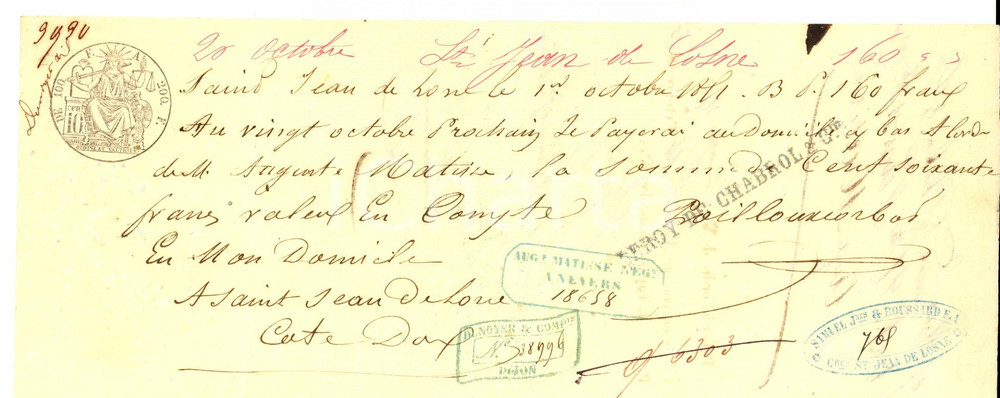 Oggetto da collezione cartaceo 1851 SAINTJEANDELOSNE Cambiale ditta Auguste MATISSE DUNOYER & Cie 1