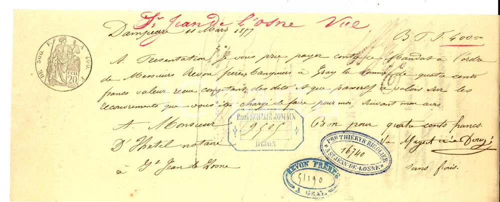 Oggetto da collezione cartaceo 1857 DAMPIERRE F Cambiale all ordine del notaio DHETEL THIERY & RIGOLIER 1