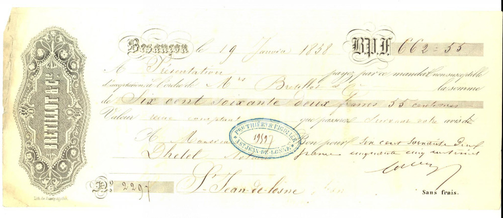 Oggetto da collezione cartaceo 1858 BESANCON F Banca BRETILLOT & CIE Cambiale pubblicitaria 1