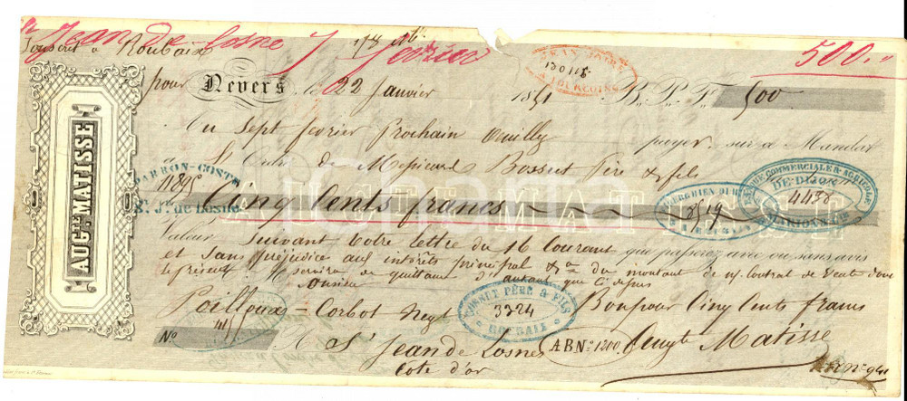 Oggetto da collezione cartaceo 1851 SAINTJEANDELOSNE F Ditta Auguste MATISSE  Cambiale pubblicitaria 1