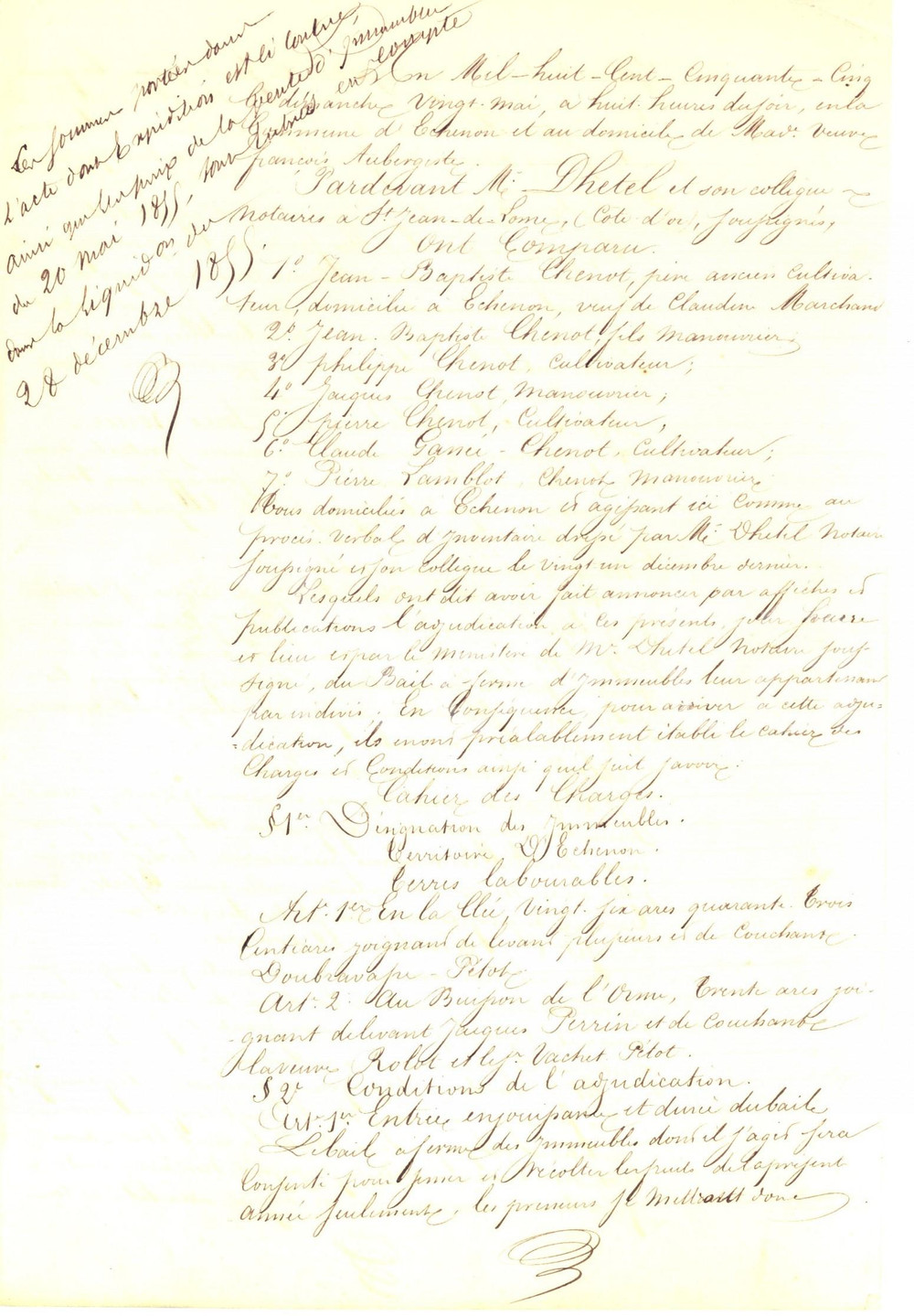 Documento originale, autentico 1855 ECHENON F Bail Ã  ferme d immeubles indivis famille CHENOT Manuscrit 1