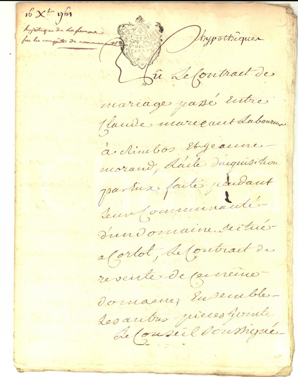 Documento originale, autentico 1761 CHALONSURSAONE F Diritti vedova Jeanne MORAUD su beni coniugali 1