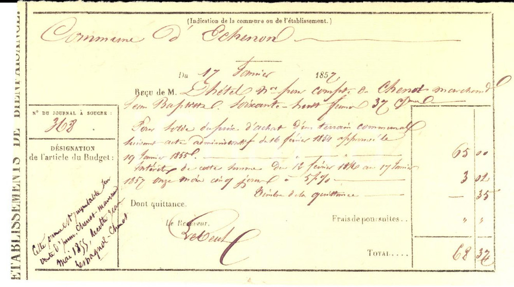 Documento originale, autentico 1857 ECHENON F Ricevuta DHETEL per acquisto di terreno da JeanBaptiste CHENOT 1