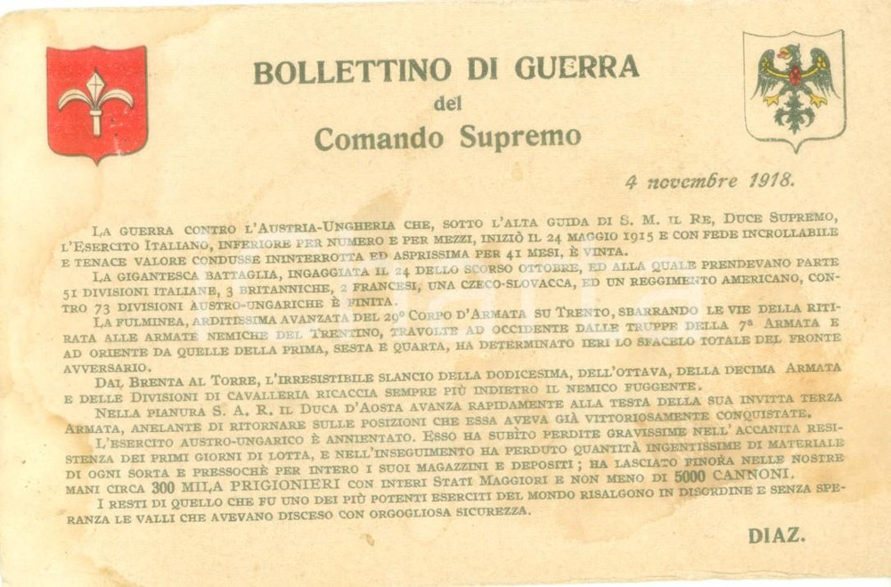 Cartolina originale da collezione 1918 WW1 Bollettino di guerra Comando Supremo Armando DIAZ Cartolina FP NV 1