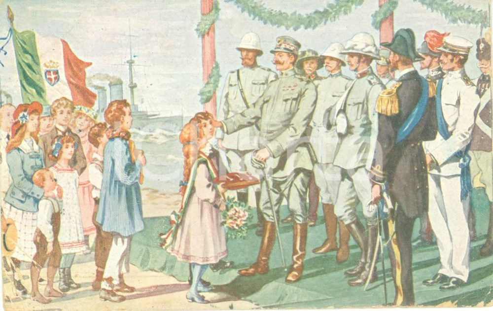 Cartolina originale da collezione 1918 PROPAGANDA WW1 Eroi di Guerra accolti dalla gioventÃ¹ Cartolina FP VG 1