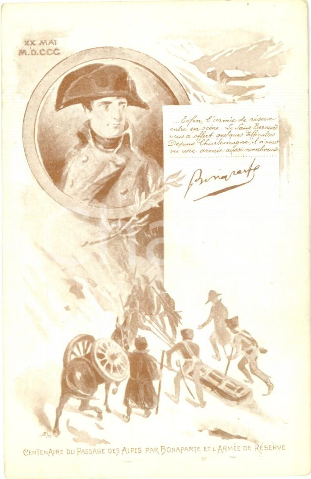 Cartolina originale da collezione 1900 ARMEE D ITALIE Centenario del passaggio delle ALPI Napoleone BONAPARTE 1