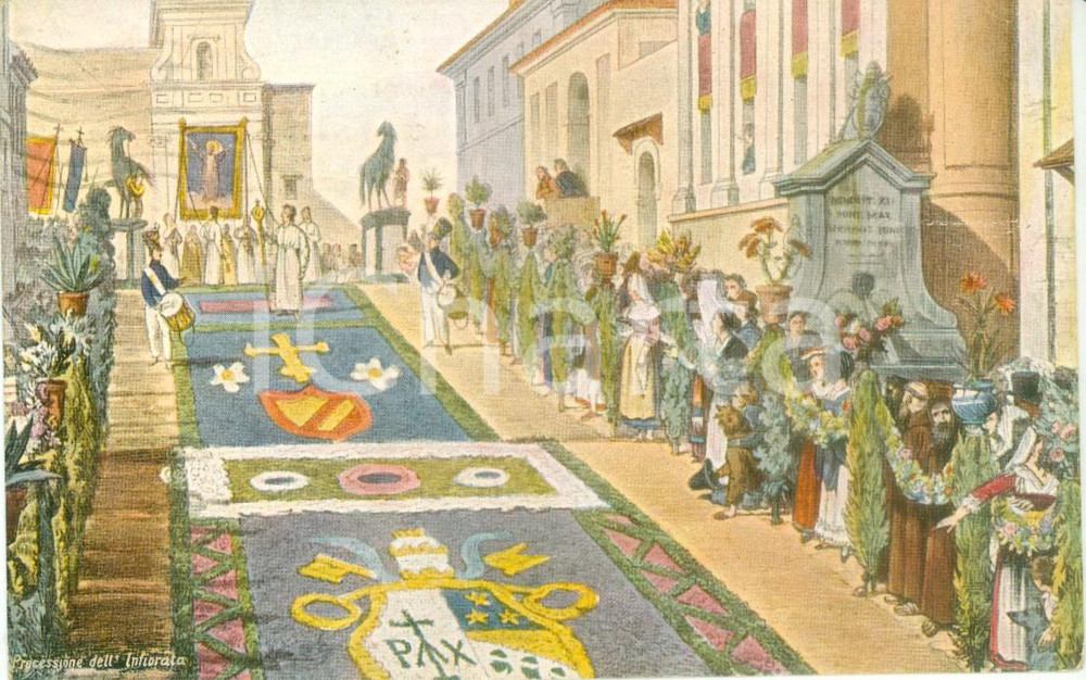 Cartolina originale da collezione 1914 GENZANO DI ROMA La processione dell Infiorata Cartolina ILLUSTRATA FP VG 1