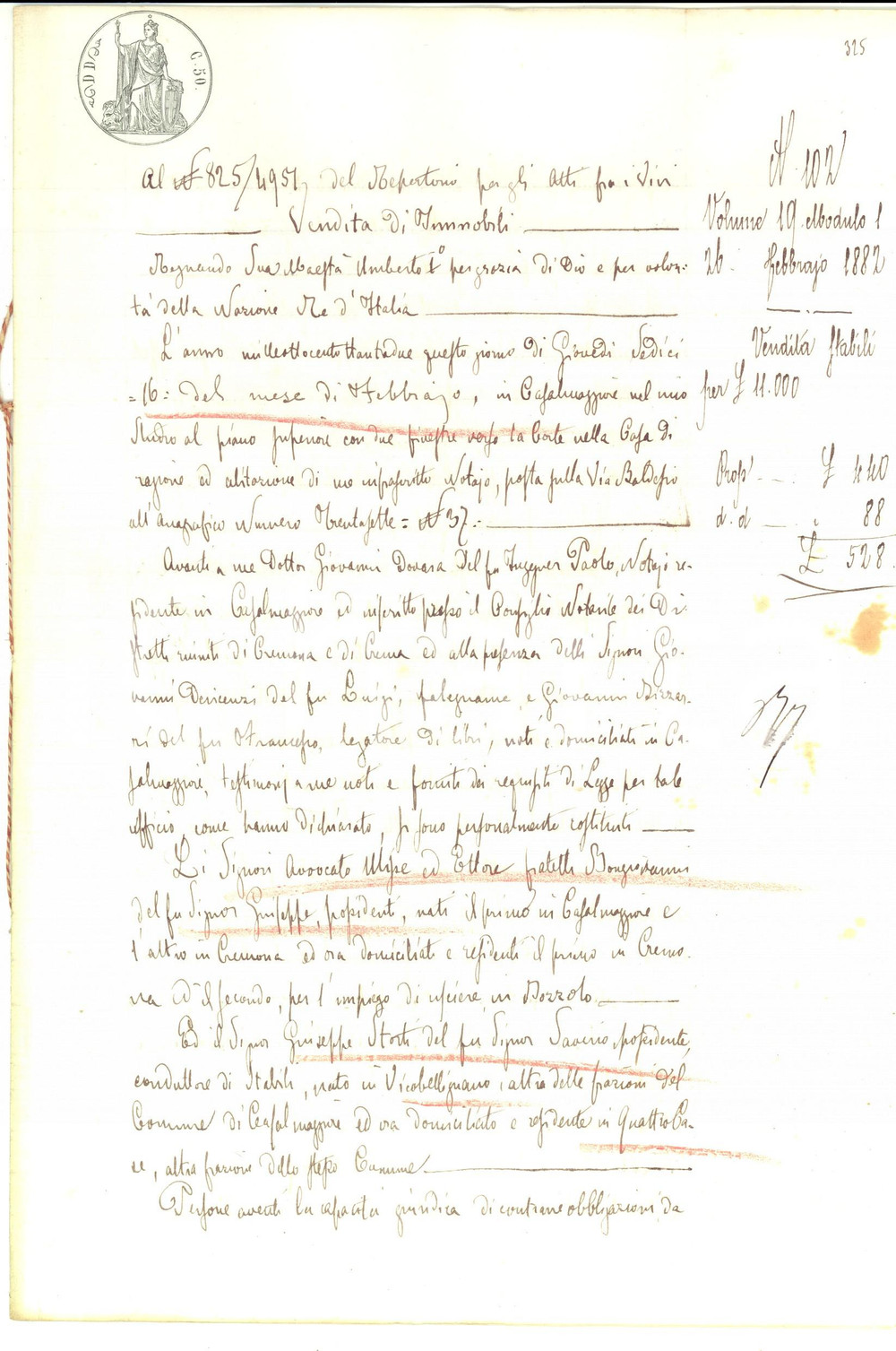 Documento originale, autentico 1882 CASALMAGGIORE Ulisse ed Ettore BONGIOVANNI vendono casa a Giuseppe STORTI 1