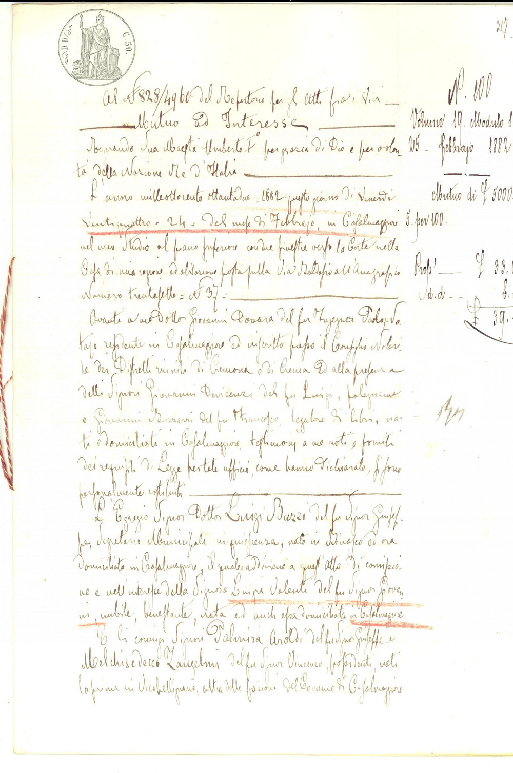 Documento originale, autentico 1882 CASALMAGGIORE Luigi BUZZI presta denaro a Melchisedecco ZANGELINI 1
