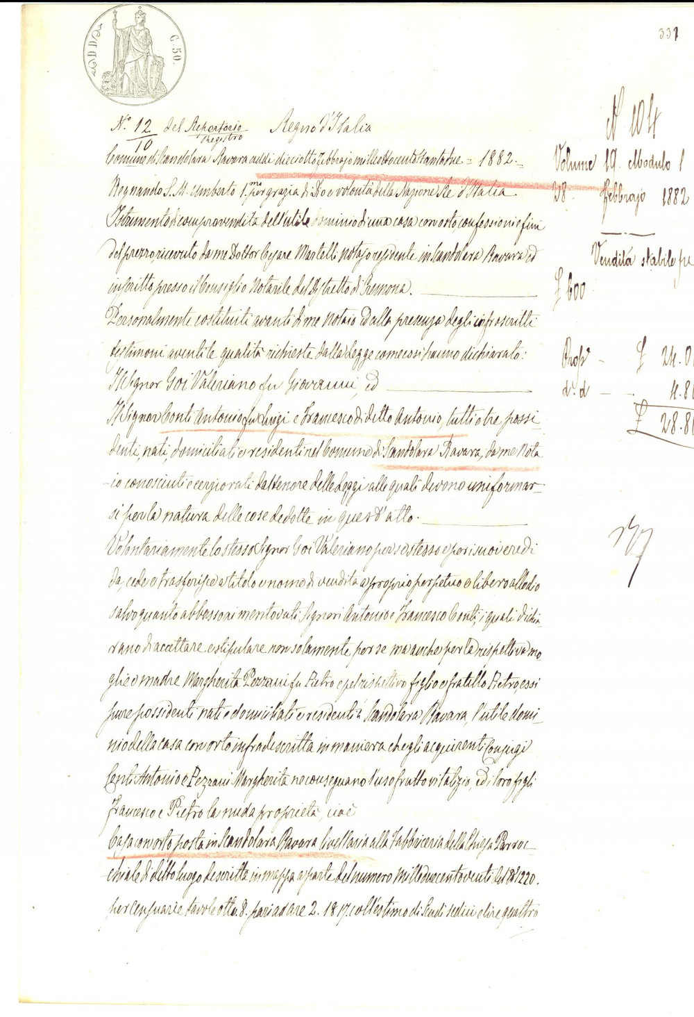 Documento originale, autentico 1882 SCANDOLARA RAVARA Valeriano GOI vende casa ad Antonio e Francesco CONTI 1