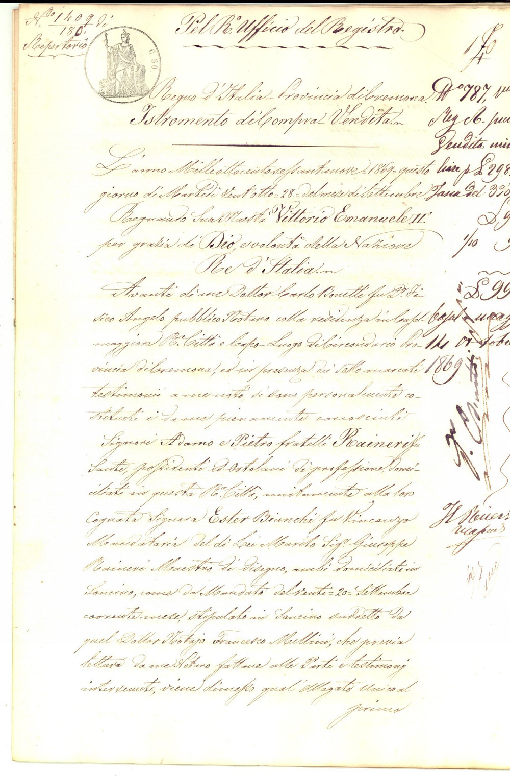 Documento originale, autentico 1869 CREMONA Adamo e Pietro RAINERI vendono una terra a don Antonio FASSÃ™ 1