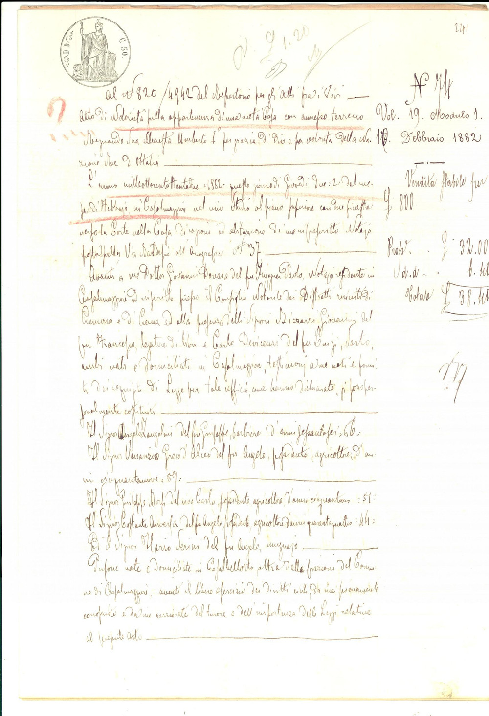 Documento originale, autentico 1882 CASALBELLOTTO CR Pietro FASSU  acquista casa con fondo agricolo 1
