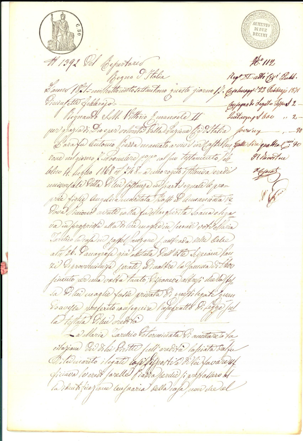 Documento originale, autentico 1882 CASTELPONZONE CR Maria TORCHIO riceve ereditÃ  dal marito Antonio PIAZZA 1
