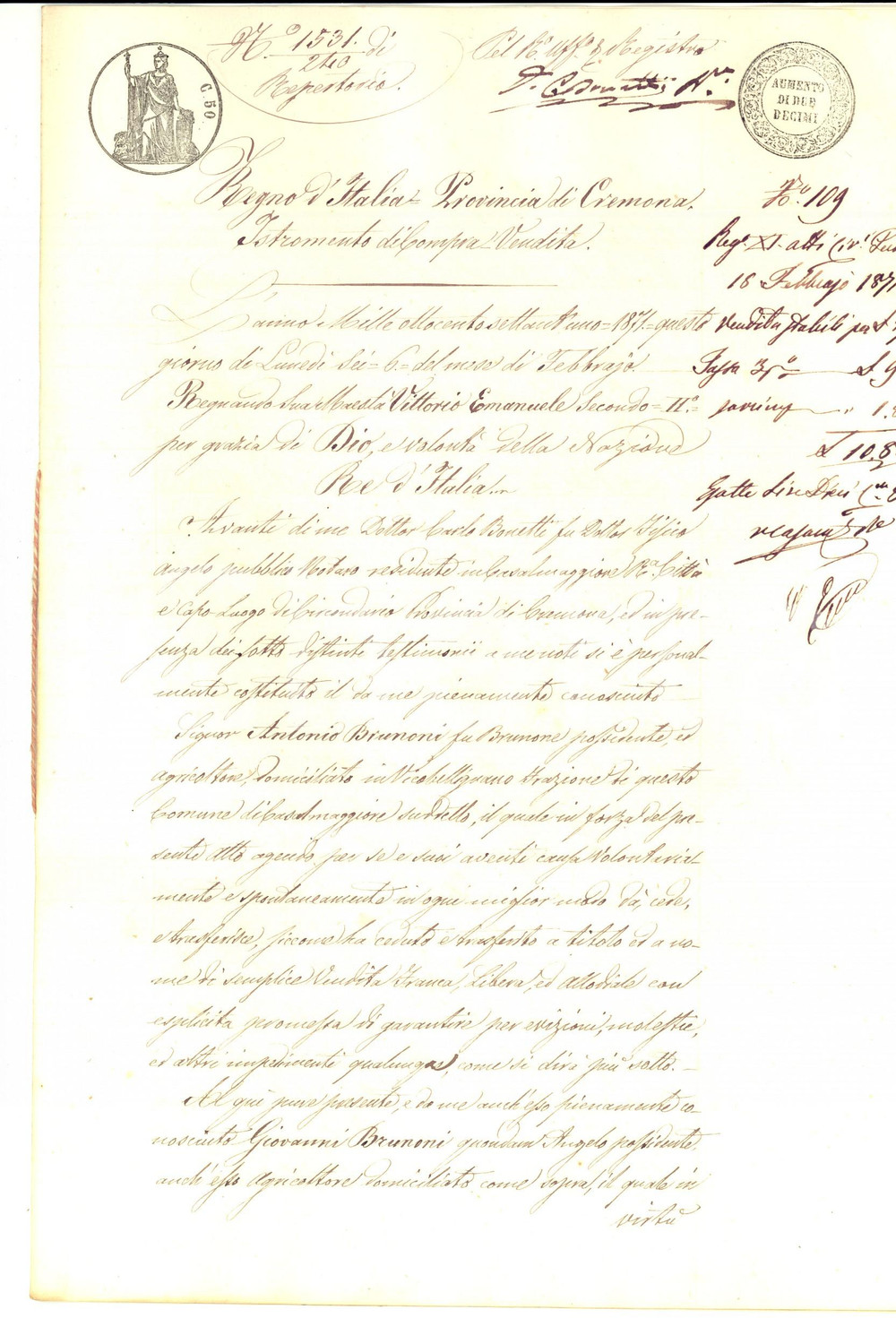 Documento originale, autentico 1882 VICOBELLIGNANO CR Antonio BRUNONI vende una lista di terreno casamentivo 1