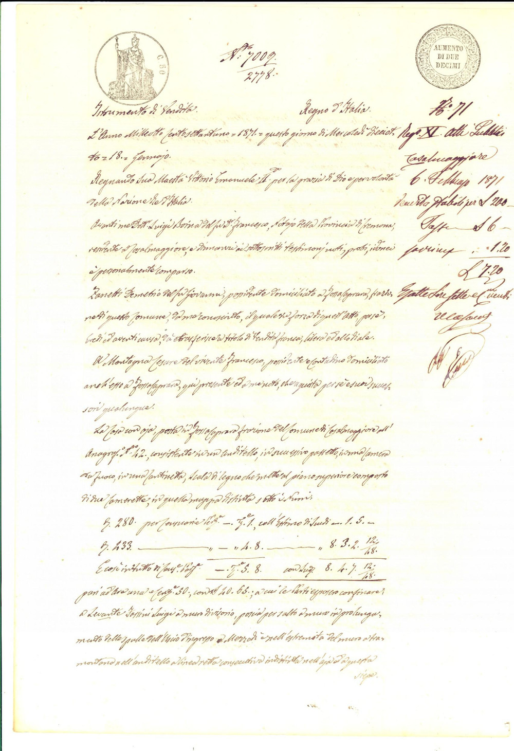 Documento originale, autentico 1871 FOSSACAPRARA CR Demetrio ZANETTI vende casa con aia a Cesare MONTAGNA 1