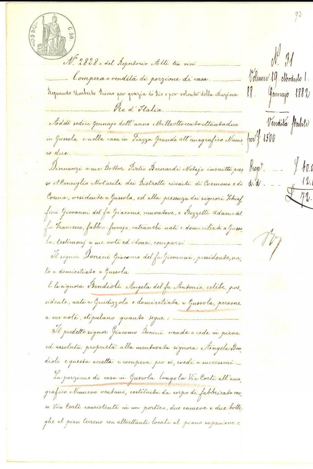 Documento originale, autentico 1882 GUSSOLA CR Giacomo DONINI vende porzione di casa in via CORTI con bottega 1