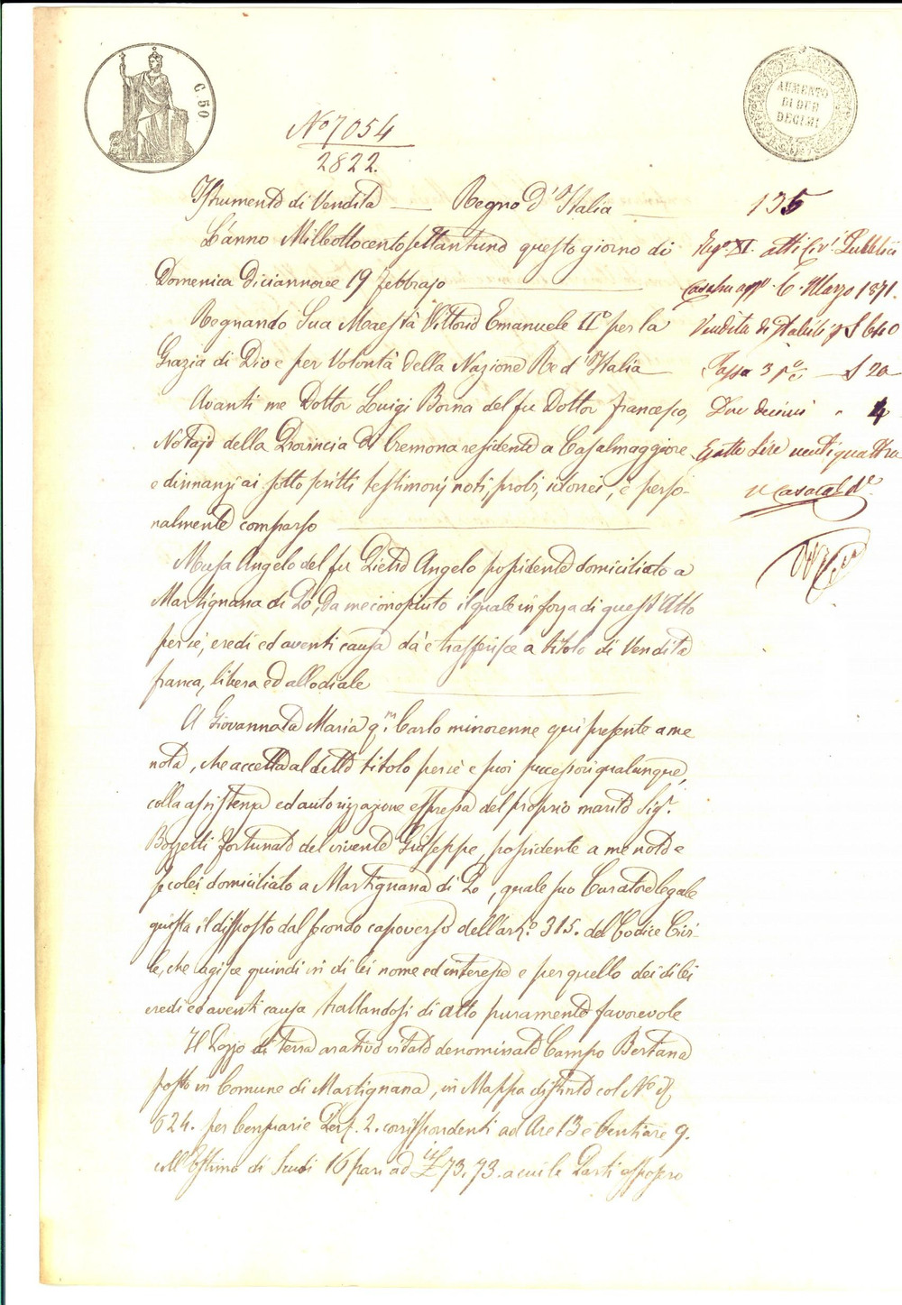 Documento originale, autentico 1871 MARTIGNANA DI PO CR Angelo MUSA vende campo BERTANA a Maria GIOVANNATA 1