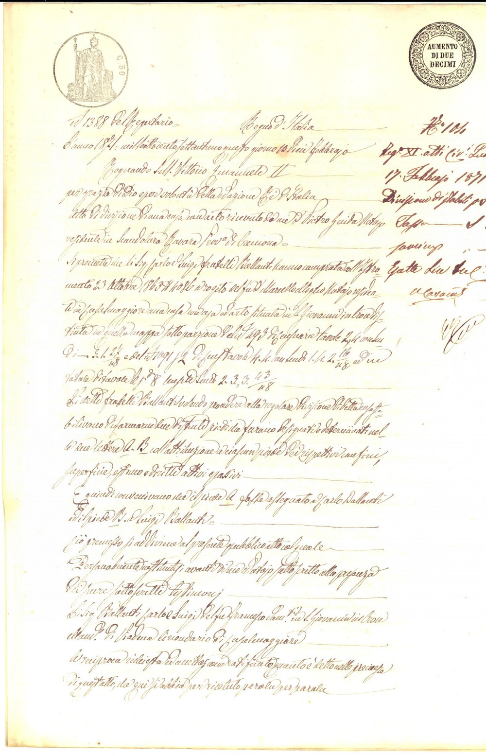 Documento originale, autentico 1871 SAN GIOVANNI IN CROCE CR Divisione beni fratelli Carlo e Luigi BALLANTI 1