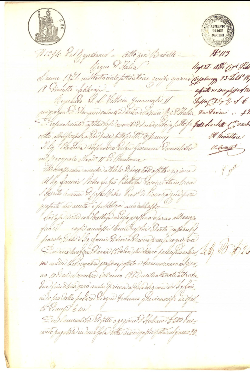 Documento originale, autentico 1871 PESCAROLO ED UNITI CR Alessandro BANDERA affitta una casa con panetteria 1