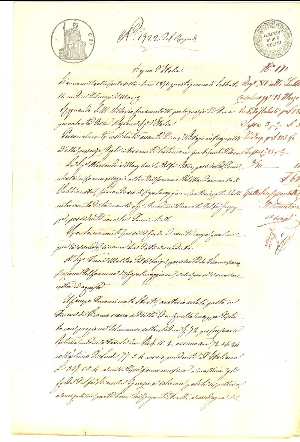 Documento originale, autentico 1871 VICOMOSCANO CR Margherita ALESSANDRIA vende campo STORTI a Matteo TURCI 1