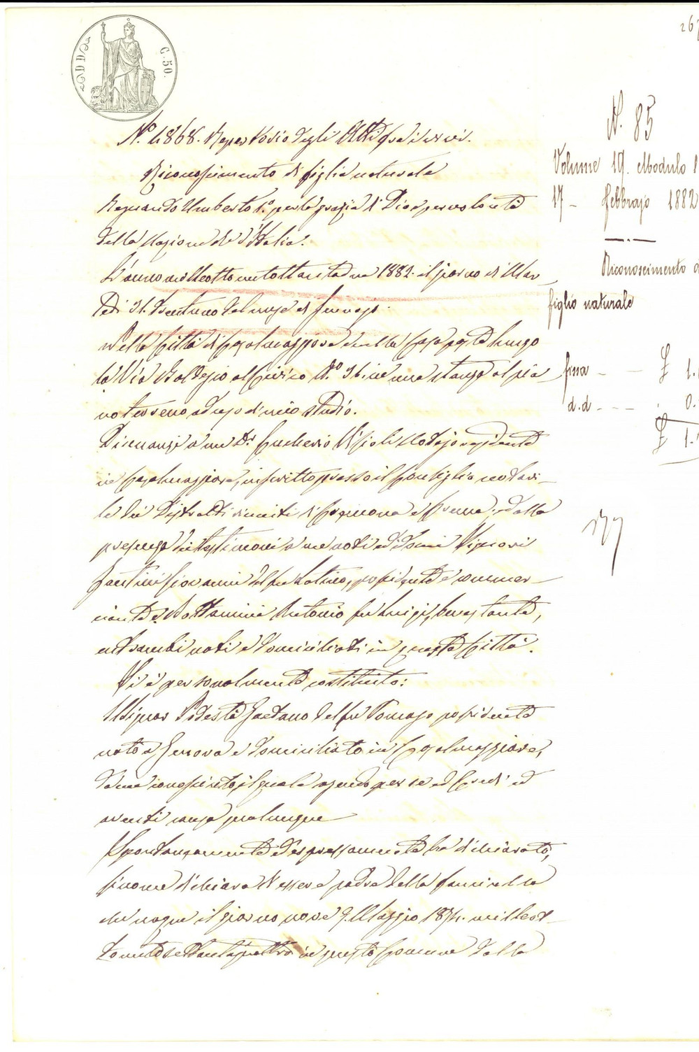 Documento originale, autentico 1882 CASALMAGGIORE CR Gaetano PODESTÃ€ riconosce la figlia naturale Saturna 1