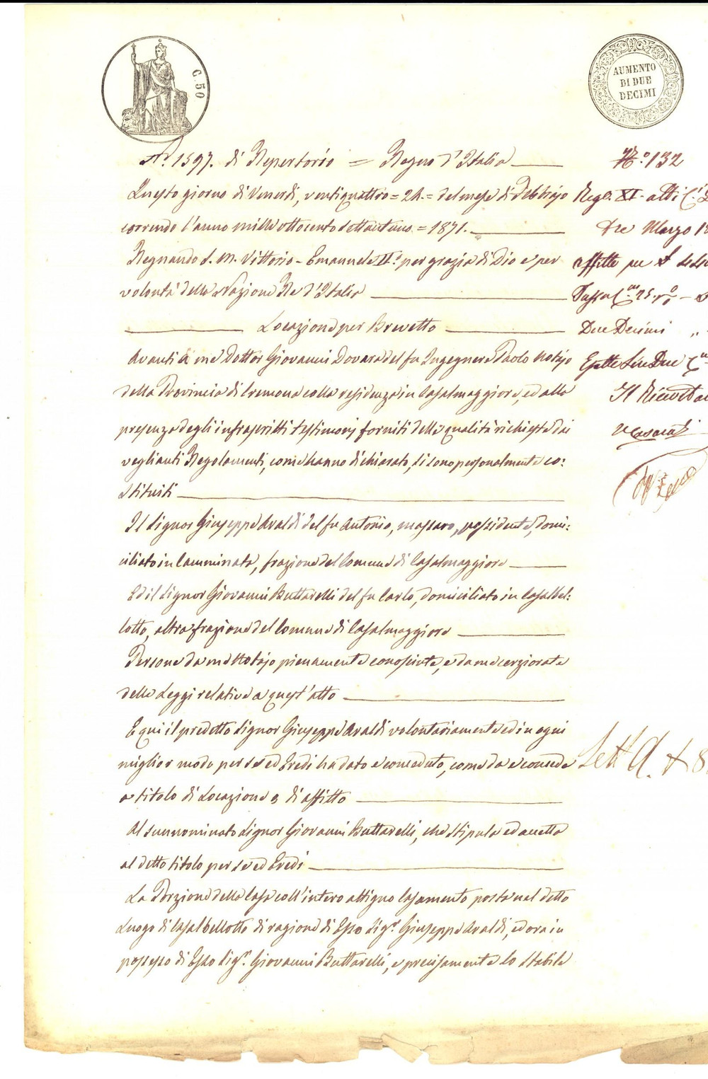 Documento originale, autentico 1871 CASALBELLOTTO CR Giuseppe ARALDI affitta casa a Giovanni BUTTARELLI 1