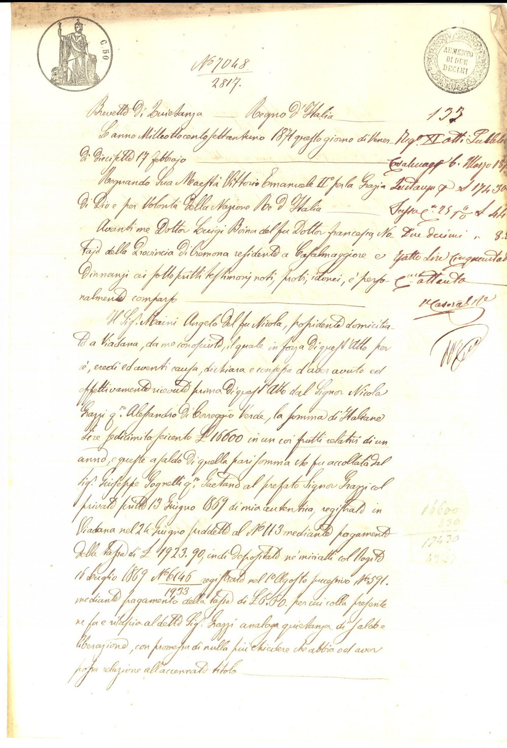 Documento originale, autentico 1871 VIADANA MN Quietanza su prestito Nicola GRAZZI ad Angelo MAINI 1