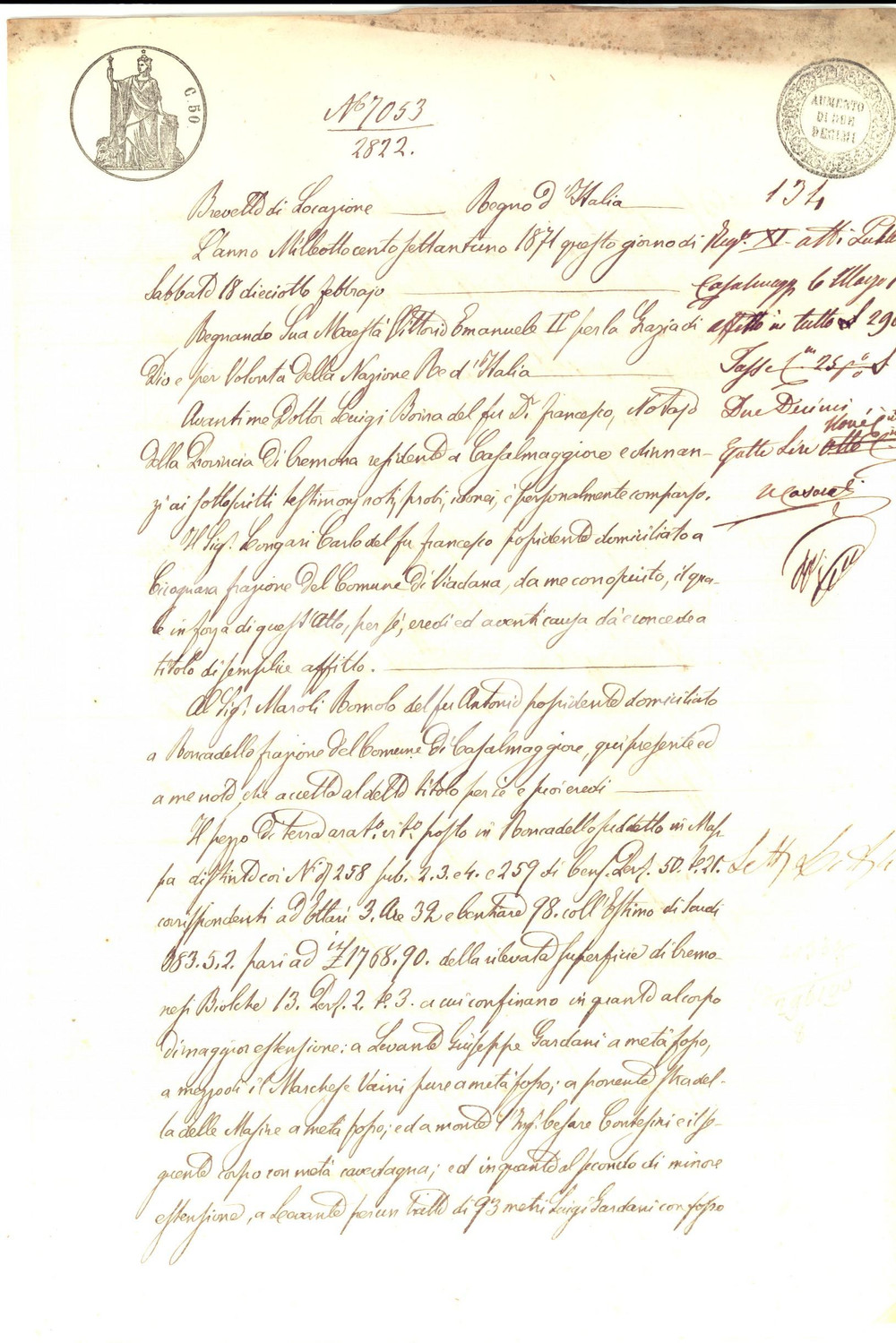 Documento originale, autentico 1871 RONCADELLO CR Carlo LONGARI affitta terreno a Romolo MAROLI Manoscritto 1