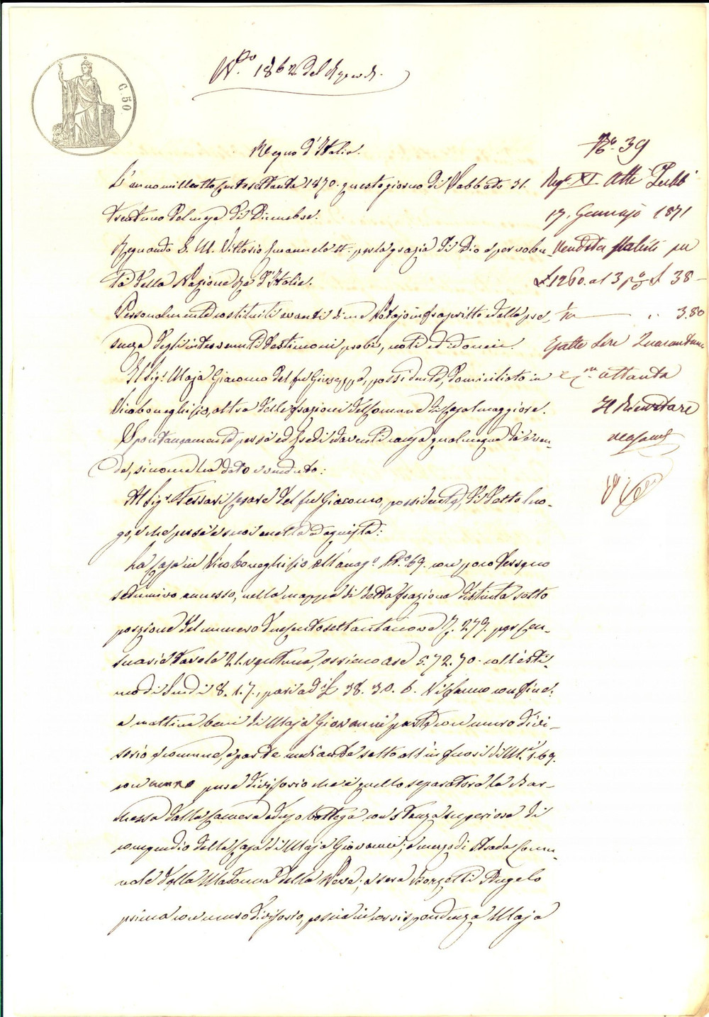 Documento originale, autentico 1870 VICOBONEGHISIO CR Giacomo MAJA vende una casa a Cesare FERRARI 1