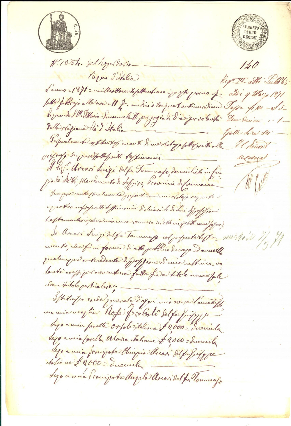 Documento originale, autentico 1871 CINGIA DE  BOTTI CR Testamento di Luigi ARCARI pro amatissima moglie Rosa 1