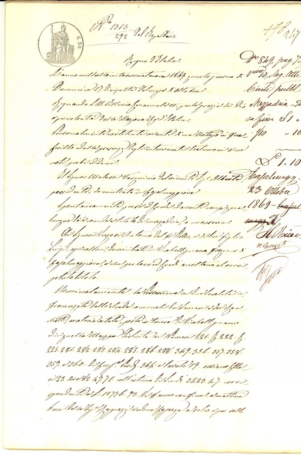 Documento originale, autentico 1869 VICOBELLIGNANO Fondo di Tarquinio MOLOSSI in mezzadria ad Antonio VERZOSI 1