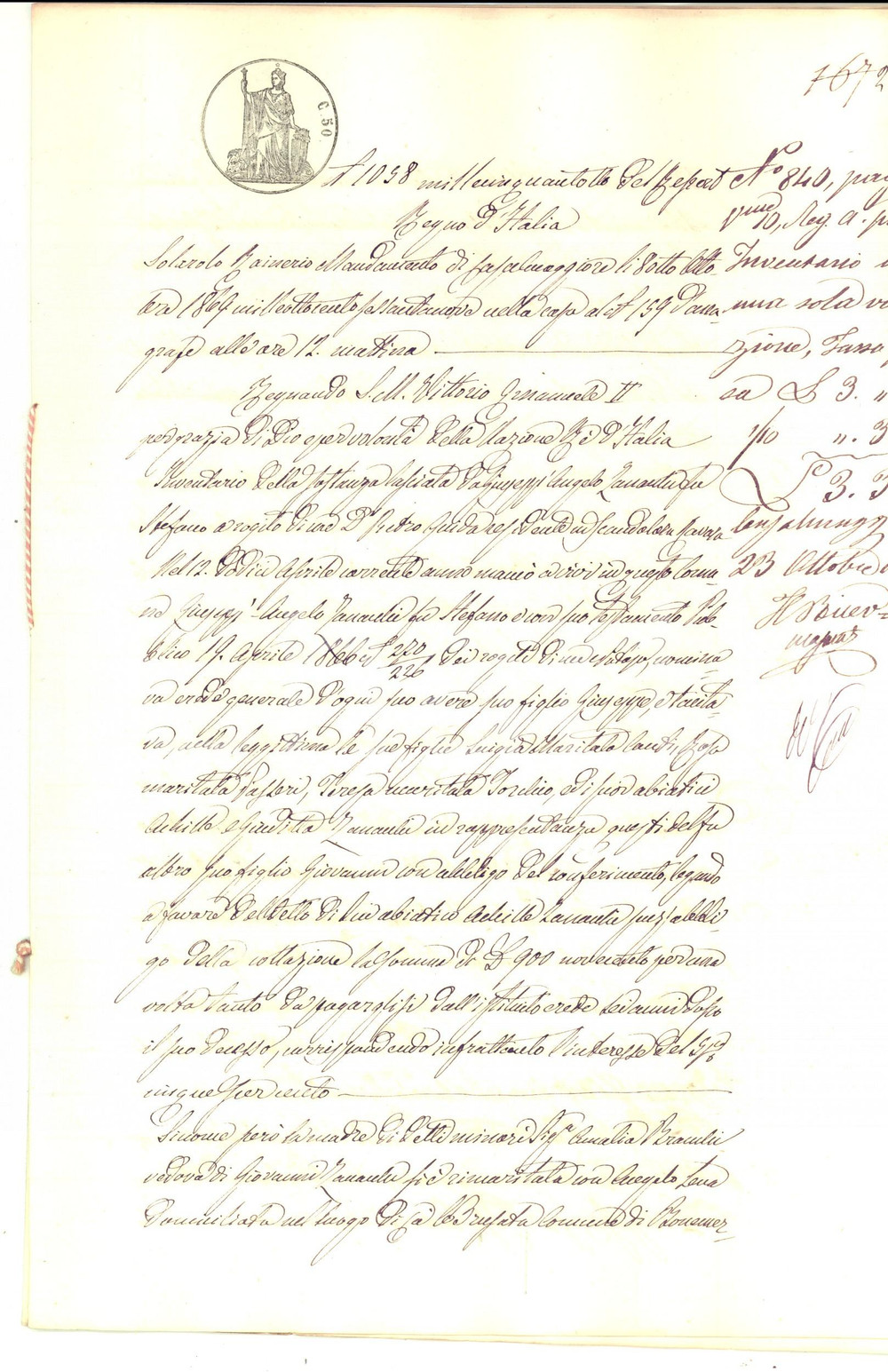 Documento originale, autentico 1869 SCANDOLARA RAVARA CR Inventario beni del defunto Giusepp Angelo ZANARELLI 1