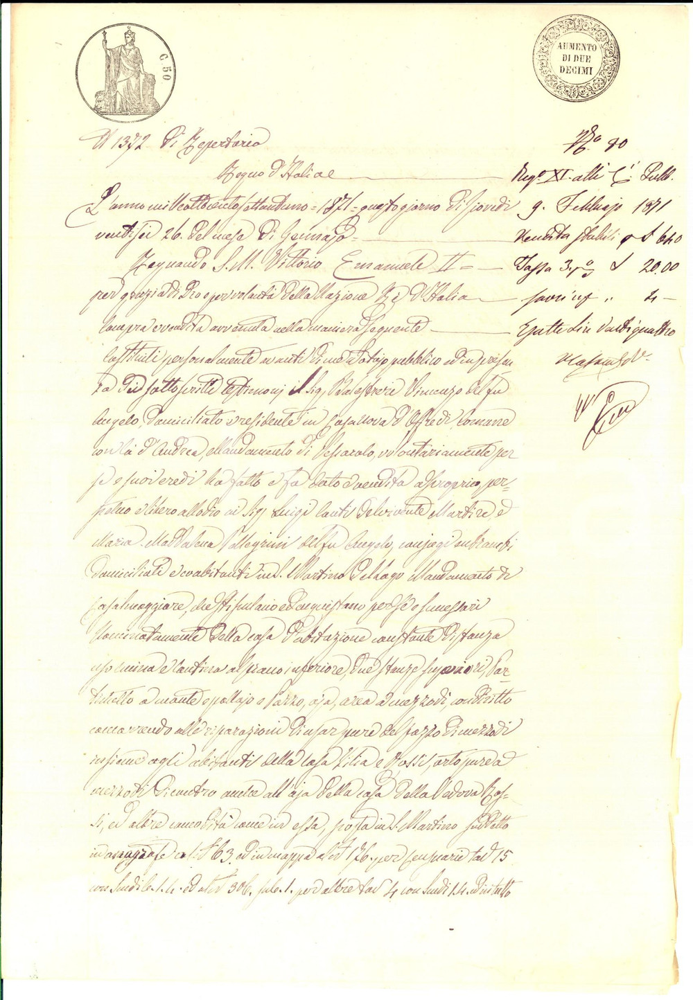 Documento originale, autentico 1871 SAN MARTINO DEL LAGO CR Vincenzo BALESTRIERI  vende casa a Luigi CANTI 1