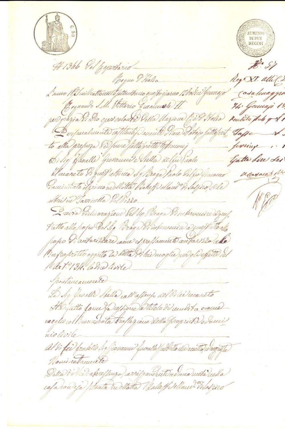 Documento originale, autentico 1871 MOTTA BALUFFI Stella FAVALLI vende porzione di casa al fratello Giovanni 1