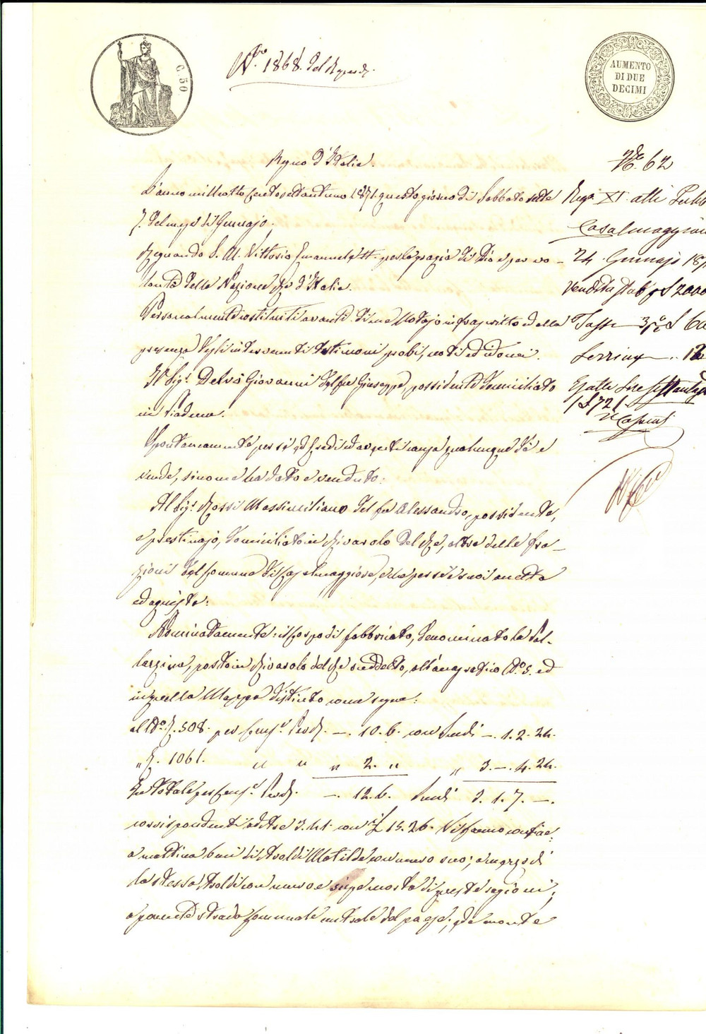 Documento originale, autentico 1871 RIVAROLO DEL RE Giovanni DELVO  vende LA PALAZZINA a Massimiliano ROSSI 1
