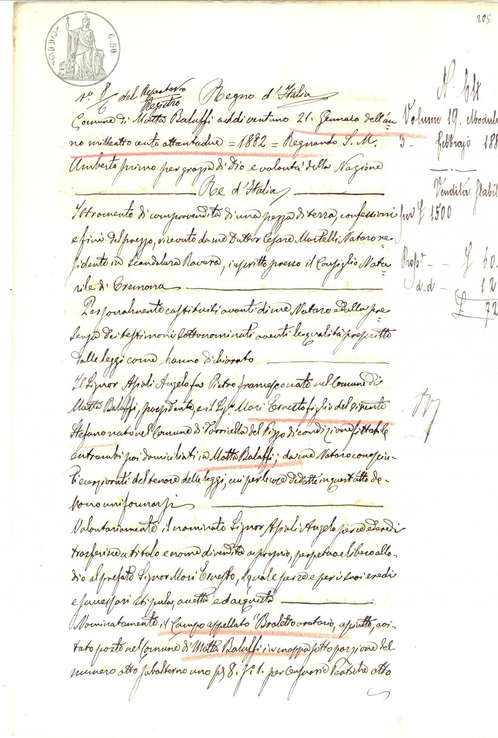 Documento originale, autentico 1882 MOTTA BALUFFI CR Angelo ASIOLI vende campo BROLETTO a Ernesto MORI 1